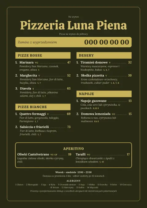 Nocny piec – podgląd szablonu menu
