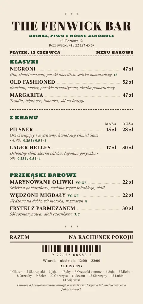 Na rachunek pokoju – podgląd szablonu menu