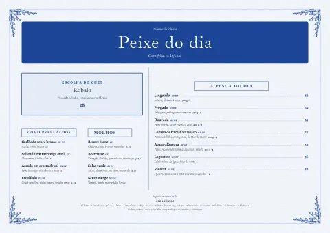 Cais azul – pré-visualização do modelo de menu