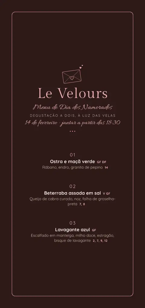 Velas de cacau – pré-visualização do modelo de menu