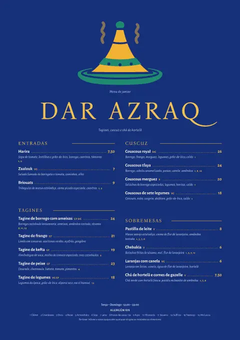 Tagine cobalto – pré-visualização do modelo de menu