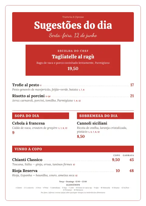 Giz de cipreste – pré-visualização do modelo de menu