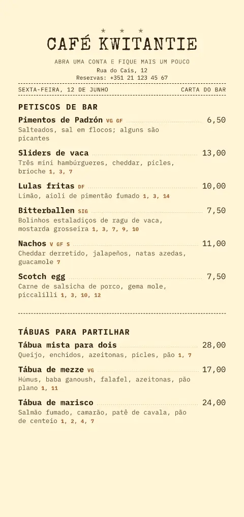 Talão manteiga – pré-visualização do modelo de menu