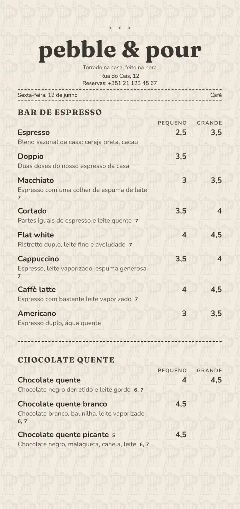 Talão moka – pré-visualização do modelo de menu