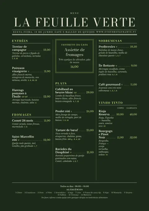 Gazeta absinto – pré-visualização do modelo de menu