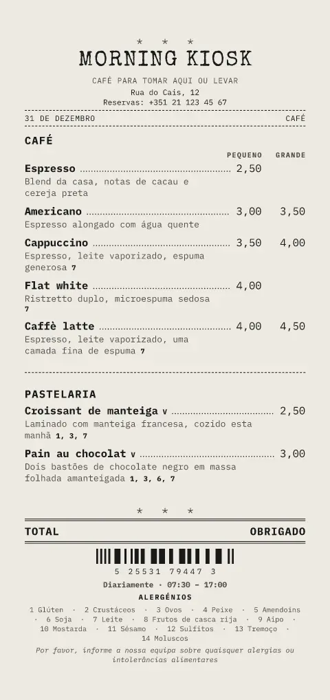 Cópia carbono – pré-visualização do modelo de menu