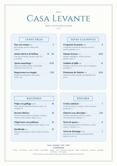 Plancha azul – pré-visualização do modelo de menu