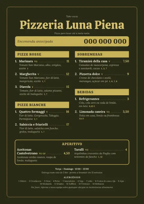 Forno noturno – pré-visualização do modelo de menu