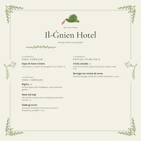 Lírio de Ġnien – pré-visualização do modelo de menu