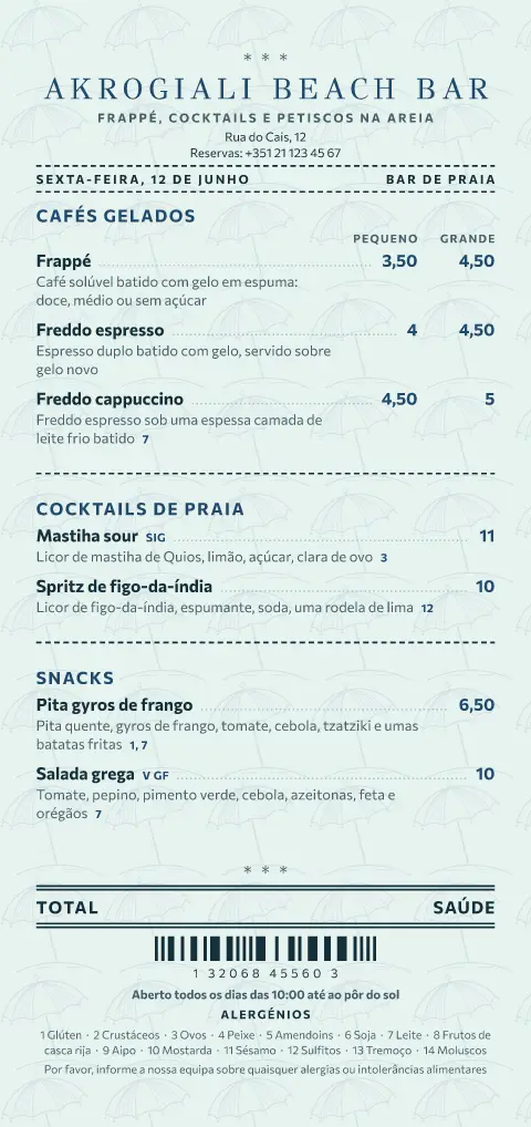 Conta da espreguiçadeira – pré-visualização do modelo de menu