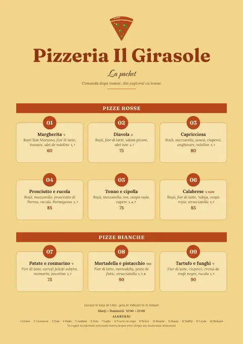 Tombola cu pizza – previzualizare model de meniu