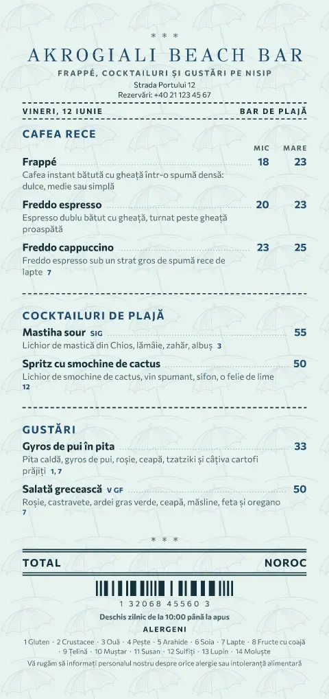 Nota de la șezlong – previzualizare model de meniu