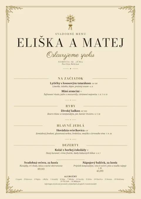 Opálový salón – náhľad šablóny jedálneho lístka