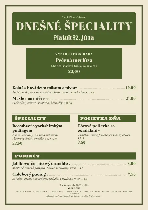Vŕba a bridlica – náhľad šablóny jedálneho lístka
