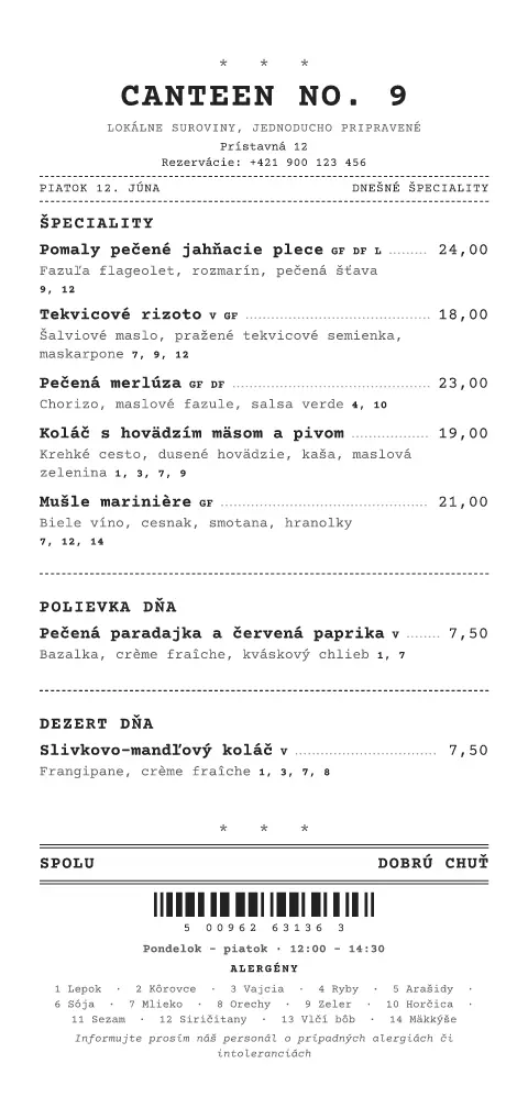 Účtenka dňa – náhľad šablóny jedálneho lístka