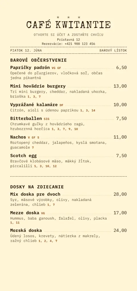 Maslový účet – náhľad šablóny jedálneho lístka