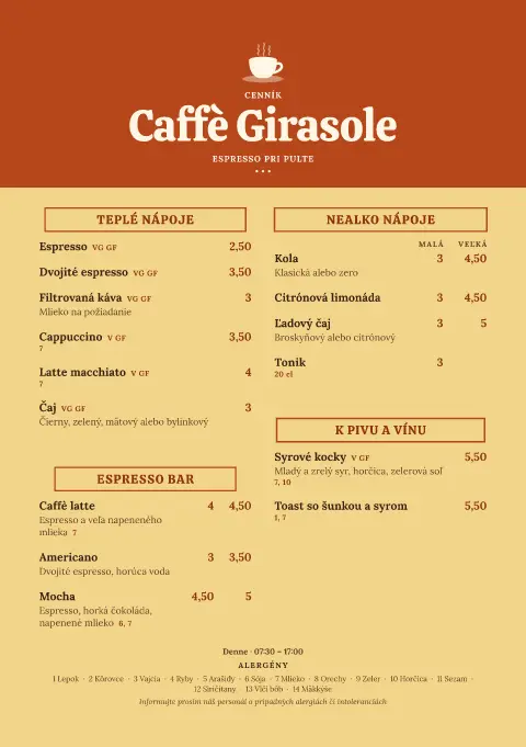 Espresso úroda – náhľad šablóny jedálneho lístka