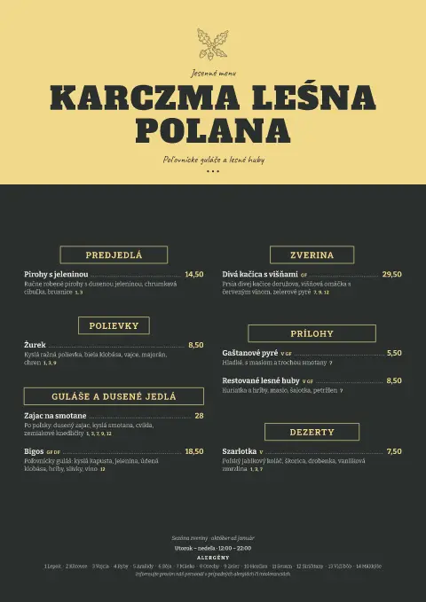 Lesná bridlica – náhľad šablóny jedálneho lístka