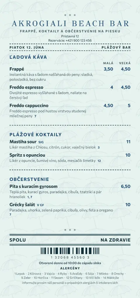 Účet z ležadla – náhľad šablóny jedálneho lístka