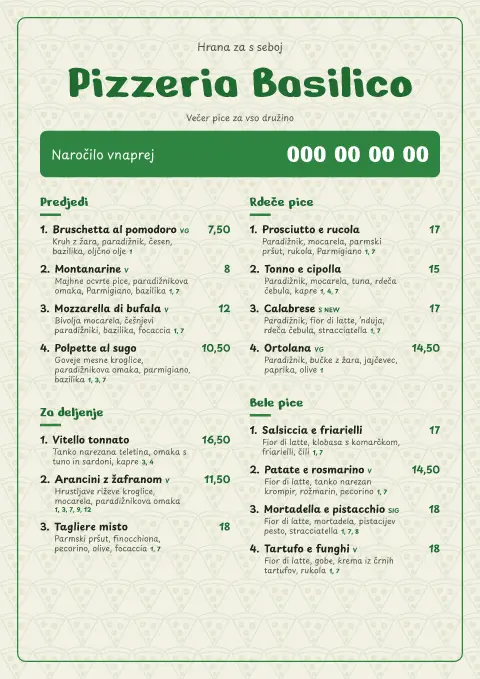 Bazilikine čačke – predogled predloge za jedilni list