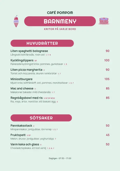 Pompomlek – förhandsvisning av menymall